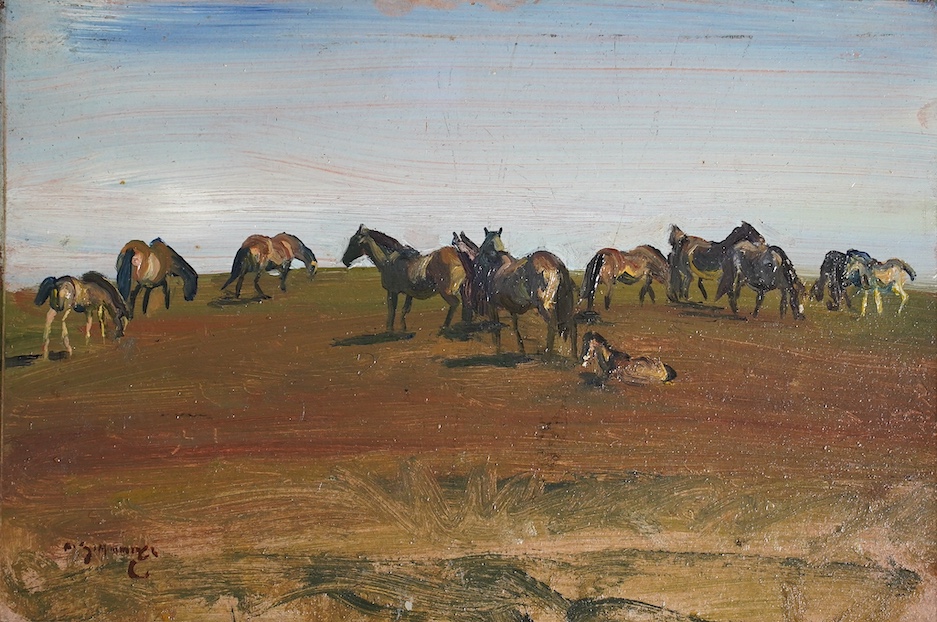 Sir Alfred James Munnings P.R.A., R.W.S. (British, 1878-1959), Exmoor Ponies, Study no.17, oil on wooden panel, 17.8 x 25.4cm